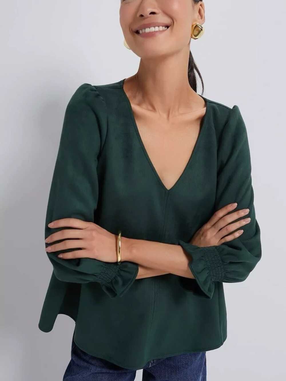 Tuckernuck • Faux Suede Easton Blouse Ruffle Cuff Vegan Green Size Large